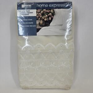 VTG JC Penney STD/Q Pillowcase Sham Ivory Embroidered Eyelet Cottage 2pc USA NOS